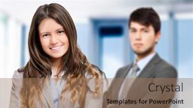  Presentation with bright - Presentation theme with two-pusiness-colleagues-smiling background and a coral colored foreground