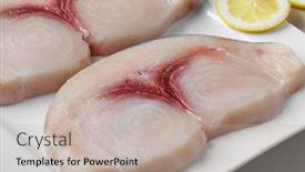  Presentation with secondary raw materials - PPT layouts having two-raw-fresh-swordfish-fillets background and a mint green colored foreground