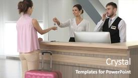  Presentation with key - Beautiful presentation design featuring two receptionists in hotel backdrop and a coral colored foreground