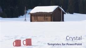  Presentation with house forest - PPT layouts featuring two red coups of hot tea drink in snow at beautiful winter sunny day scene with wooden house in background in forest background and a sky blue colored foreground
