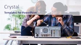  Presentation with desktop - Cool new slides with two repairmen repairing desktop computer backdrop and a sky blue colored foreground