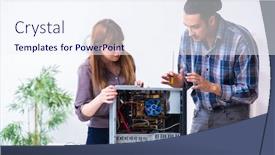  Presentation with desktop - Slide deck consisting of two repairmen repairing desktop computer background and a sky blue colored foreground