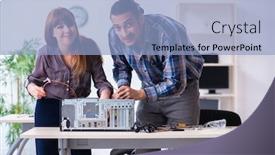  Presentation with desktop - Slide deck consisting of two-repairmen-repairing-desktop-computer background and a light blue colored foreground