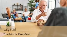  Presentation with college education happy smiling - PPT theme enhanced with two-retired-man-smiling-happy background and a coral colored foreground