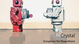  Presentation with guns - Colorful PPT layouts enhanced with war crisis - two retro robots face off backdrop and a mint green colored foreground