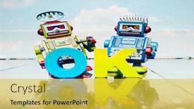  Presentation with robots - Audience pleasing PPT layouts consisting of two-retro-robots backdrop and a yellow colored foreground