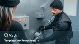  Presentation with vault - Audience pleasing slide set consisting of two robbers in uniform trying to break vault lock backdrop and a ocean colored foreground