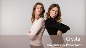  Presentation with women sad - Beautiful PPT theme featuring image of two sad women standing back to back with arms crossed and expressing resentment isolated over gray background backdrop and a coral colored foreground