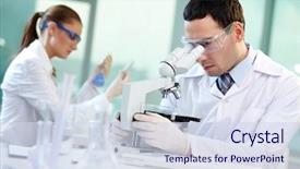  Presentation with research - Beautiful presentation theme featuring two scientists conducting research backdrop and a sky blue colored foreground