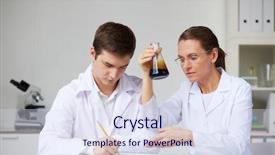  Presentation with liquid - Audience pleasing theme consisting of two scientists making analysis of liquid oil in flask in laboratory backdrop and a sky blue colored foreground