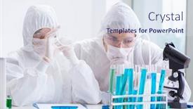  Presentation with chemical - Amazing presentation design having two-scientists-working backdrop and a sky blue colored foreground
