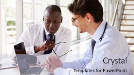  Presentation with healthcare workers - Audience pleasing slide deck consisting of two senior healthcare workers in consultation using laptop backdrop and a sky blue colored foreground