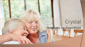  Presentation with women - PPT theme featuring two-senior-women-embrace-each background and a soft green colored foreground
