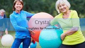  Presentation with rehab - Presentation theme with two senior women with exercise ball in a rehab back course in the park background and a cyan colored foreground