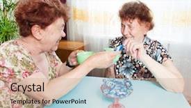  Presentation with seniors - Slide set consisting of two seniors drinks tea old woman talking friendship elderly background and a coral colored foreground