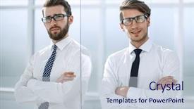  Presentation with people - Colorful PPT layouts enhanced with two serious business people standing backdrop and a lemonade colored foreground