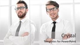  Presentation with five business people standing together and smiling - Cool new slide deck with two serious business people standing backdrop and a light gray colored foreground