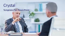  Presentation with speaking - Amazing slide set having two serious businessmen speaking backdrop and a sky blue colored foreground