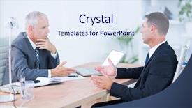  Presentation with speaking - Presentation theme featuring two serious businessmen speaking background and a sky blue colored foreground