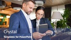  Presentation with scrolling - Audience pleasing slide set consisting of two serious colleagues in formalwear reading electronic document in touchpad while one of them scrolling on display backdrop and a ocean colored foreground