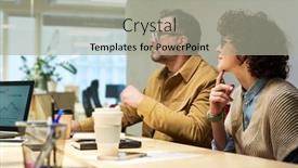  Presentation with data analysis - Slides enhanced with two-serious-colleagues-sitting background and a  colored foreground