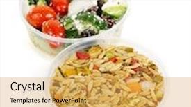  Presentation with plastic containers - Slide set featuring two servings of prepared salad in plastic takeaway containers background and a yellow colored foreground