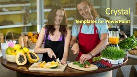  Presentation with grocery - Amazing presentation having two shop assistant chopping vegetables and fruits at counter in health grocery shop backdrop and a tawny brown colored foreground
