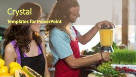  Presentation with grocery - Cool new slide set with two shop assistant preparing juice at health grocery shop backdrop and a tawny brown colored foreground