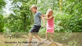  Presentation with wilderness - PPT theme enhanced with two siblings children climb together on tree trunks in the wilderness background and a coral colored foreground