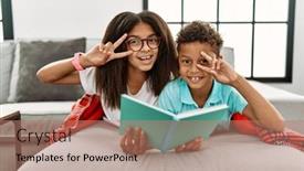  Presentation with peace education two smiley hands - Presentation design enhanced with two-siblings-lying background and a coral colored foreground