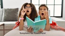  Presentation with siblings - Presentation theme featuring two-siblings-lying background and a coral colored foreground