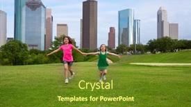  Presentation with girls running - Slide set enhanced with two sister girls friends running holding hand in urban modern skyline on grass lawn background and a tawny brown colored foreground