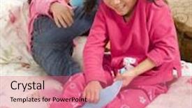  Presentation with bed - Audience pleasing slide set consisting of two sisters playing on the bed tickling feet backdrop and a coral colored foreground