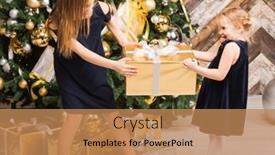  Presentation with christmas tree - Slide set having two-sisters-wearing-blue-dresses background and a coral colored foreground