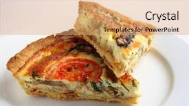  Presentation with vegetarian - Colorful presentation enhanced with two slices of a vegetarian mushroom quiche on a white plate backdrop and a coral colored foreground