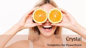  Presentation with happy young student girl holding - PPT theme consisting of two slices of an orange background and a coral colored foreground