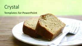  Presentation with banana cake - PPT theme with two slices of banana loaf cake on white plate on bamboo mat background and a soft green colored foreground