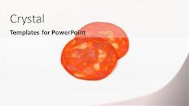  Presentation with chorizo - Beautiful PPT theme featuring two slices of chorizo salami on white background backdrop and a sky blue colored foreground