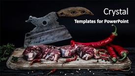  Presentation with butcher - Cool new presentation theme with two slices of raw meat on wooden board with old butcher chopping knife and some chilly paper backdrop and a black colored foreground