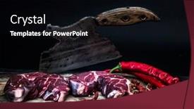  Presentation with butcher - PPT layouts consisting of two slices of raw meat on wooden board with old butcher chopping knife and some chilly paper background and a black colored foreground