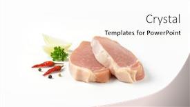  Presentation with tenderloin - Audience pleasing theme consisting of two slices of raw pork tenderloin on white background backdrop and a white colored foreground