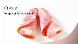  Presentation with sports table tennis two ping - Slides consisting of two slices of smoked pork neck rolled up on white background background and a sky blue colored foreground