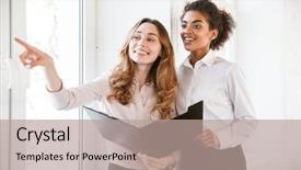  Presentation with business women - Audience pleasing presentation design consisting of two smiling business women sitting backdrop and a coral colored foreground