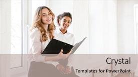  Presentation with business women - Presentation theme featuring two smiling business women sitting background and a  colored foreground