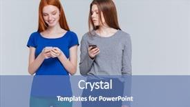  Presentation with cell phones - Cool new presentation theme with two smiling depressed young women standing and using cell phones backdrop and a teal colored foreground