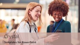  Presentation with college campus - Cool new PPT theme with two-smiling-female-college-student backdrop and a coral colored foreground