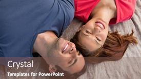  Presentation with quilt - PPT layouts enhanced with two smiling friends lying next to each other as they look into the sky while on a grey quilt background and a tawny brown colored foreground