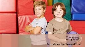  Presentation with kids gym - PPT theme having two-smiling-kids-are-standing background and a coral colored foreground