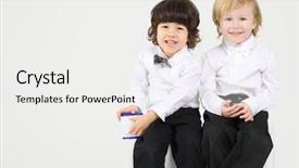  Presentation with radio - PPT theme with two smiling little boy sit and play with wireless radio on white background background and a white colored foreground