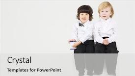 Presentation with radio - Audience pleasing slide deck consisting of two smiling little boy on white cube play with wireless radio on white background backdrop and a light gray colored foreground
